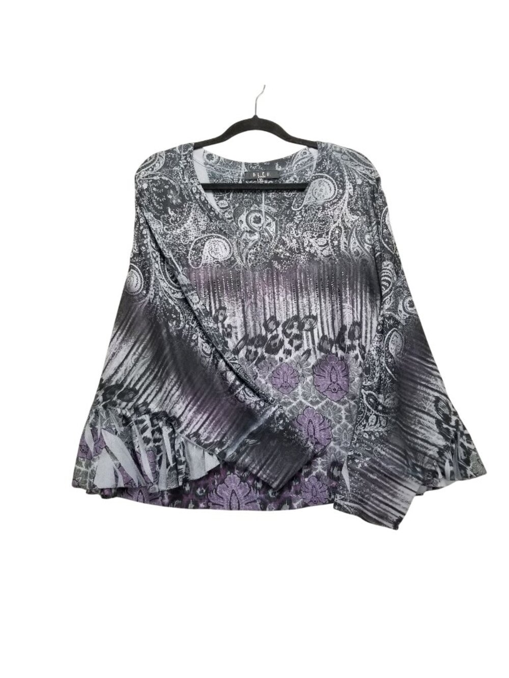 B.L.E.U. Shirt Womens 1X Purple Paisley Studded Dolman Sleeve Print Blouse